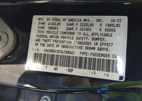 2007 Honda Accord 2.4 Se from USA, damaged, VIN 1HGCM56397A198941